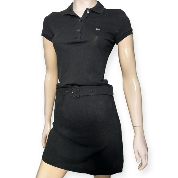 Lacoste Vintage Women’s Size 34 4 Black Cotton Pique Belted Polo Mini Dress - Picture 2 of 6
